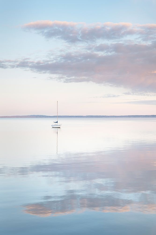 Sailboat and morning clouds reflected in calm waters of Bellingham Bay-Washington State art print by Alan Majchrowicz for $57.95 CAD